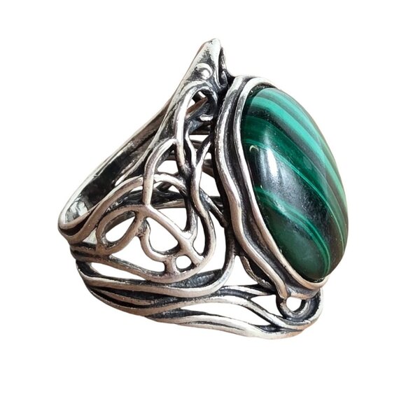 Vintage Malachite PZ Israel Sterling Statement Ring Sz 7.5 Mens‎ Womens - Picture 2 of 7